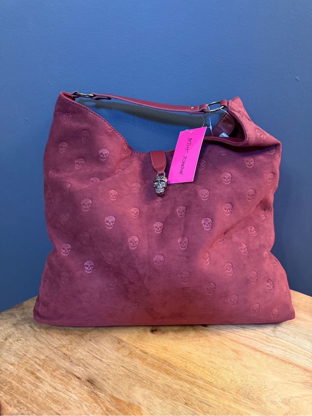 Betsey Johnson Women’s Burgundy Suede Skull-Embossed Hobo Bag